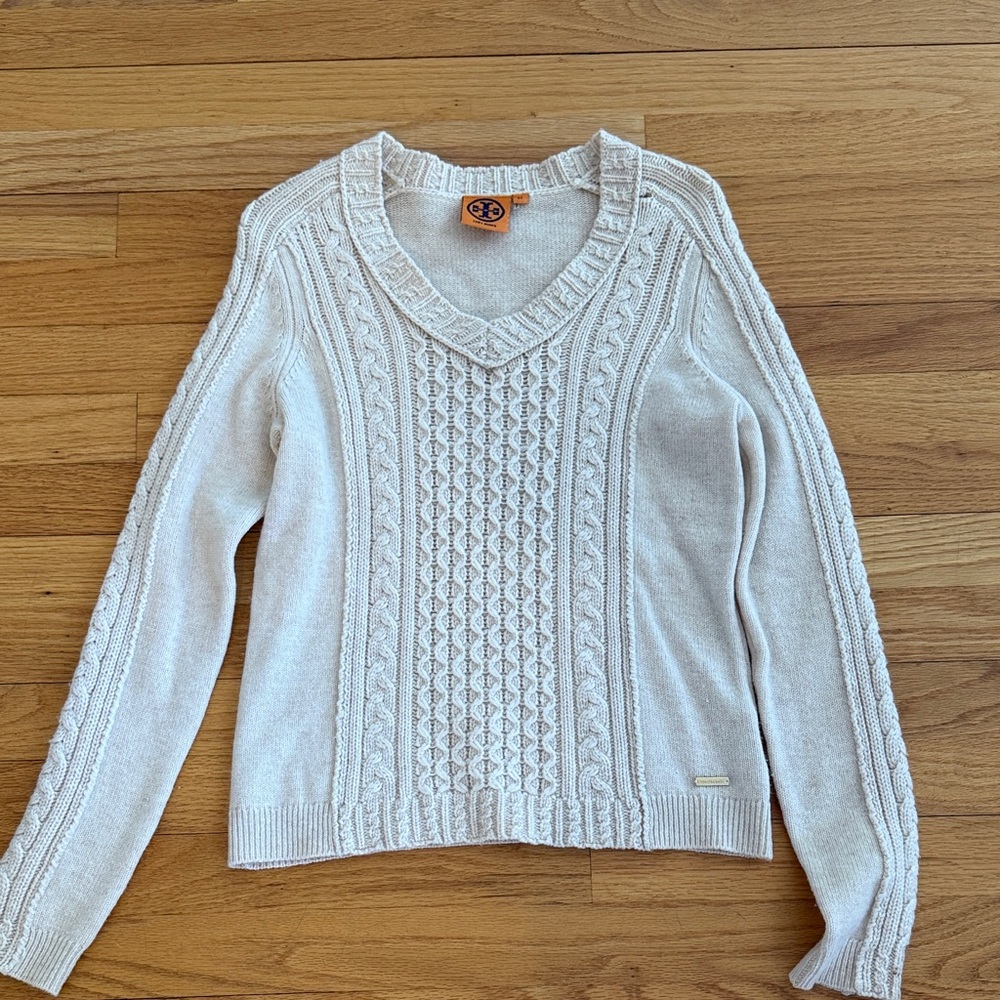 Tory Burch Cream V-Neck Cable Knit Sweater